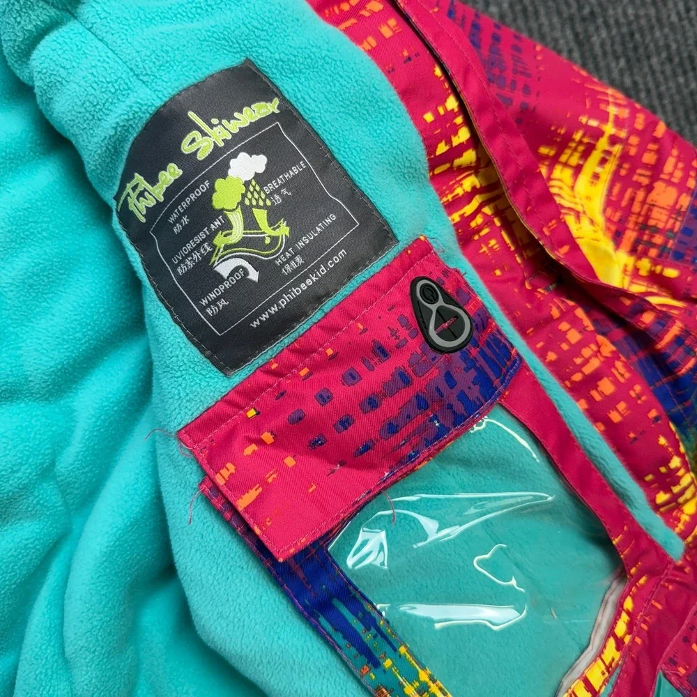 Phibee Ski‎ Jacket Kids Girls Medium Pink Geometric Insulated Snow Parka Hooded